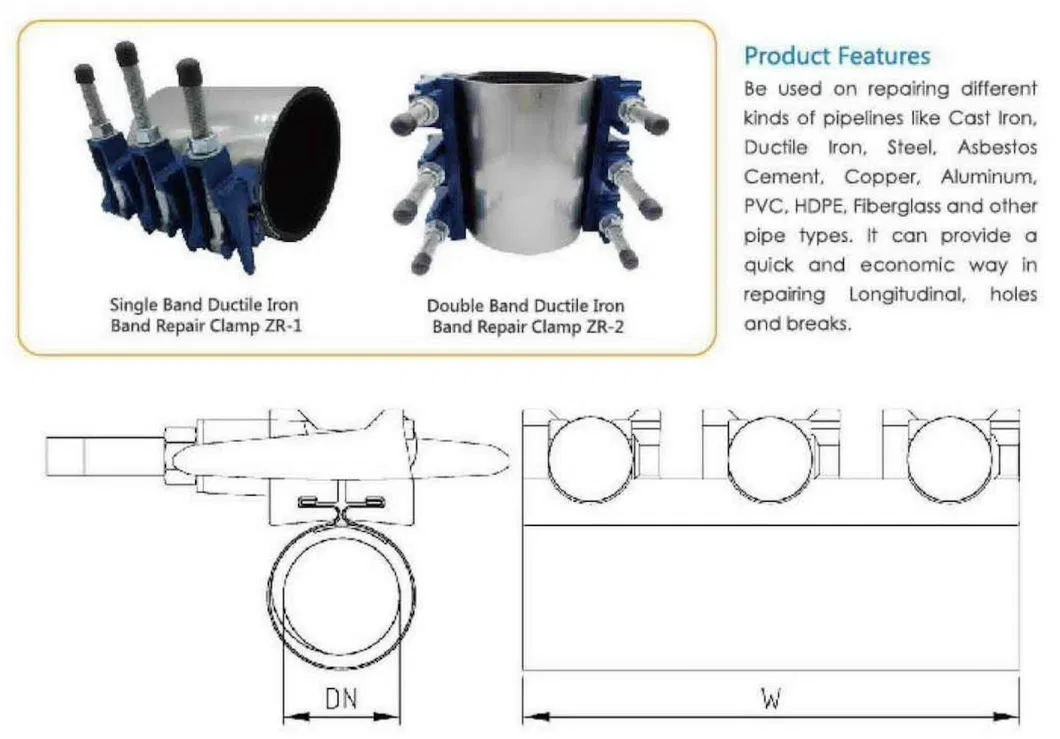 1%off OEM/ODM Ductile Iron Pipe Adjustable Band Repair Clamp for Stainless Steel Pipe Repair